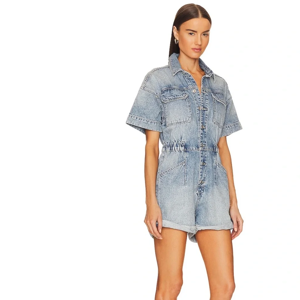 Free People Marci Denim Short Button Up Romper - Picture 2 of 7